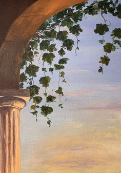 an oil painting of a balcony with ivy growing on the columns and sky in the background