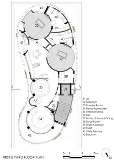 an architectural drawing shows the floor plan for a circular building with multiple levels and floors