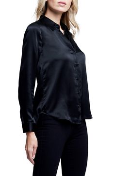 Sleek Silk Top With Button Closure, Silk Button-up Blouse For Night Out, Sleek Satin Blouse With Buttons, Sleek Silk Shirt With Button Closure, Classic Black Satin Top, Elegant Satin Shirt With Buttons, Classic Silk Blouse For Formal Occasion, Evening Button-up Blouse With Cuffs, Semi-formal Silk Blouse With Button Closure