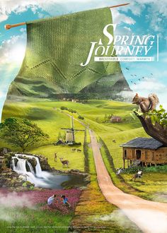 an advertisement for the spring journey featuring a landscape with animals, trees and people in it