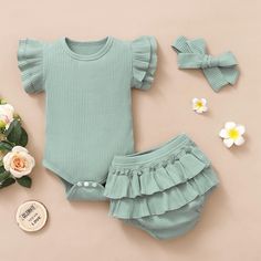 Product Title:New Born Girl Ribbed Bodysuit & Ruffle Shorts & Bowknot HeadbandKeyword Tag:baby boy sandals,kids,Suit* Suitable For Season:Summer* Thickness:Regular* Package included:3 Pieces* Fabric:Cotton,Polyester,Spandex* Wash Label:On the inside Cute Solid Color Summer Sets, Playful Solid Color Summer Sets, Cute Solid Color Playwear Sets, Baby Fashion Summer, Baby Leopard, Boys Sandals, Ruffle Bodysuit, Ribbed Bodysuit, Summer Patterns