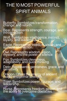 The 10 most powerful spirit animals and their meanings listed against a mystical background. Monkey Spirit Animal Meaning, Power Animal Spirit Guides, Stag Spirit Animal Meaning, How To Talk To Spirits, Spiritual Animal Meanings, Dog Spirit Animal, Spirit Animal Quotes, Owl And Butterfly, Animals Meaning