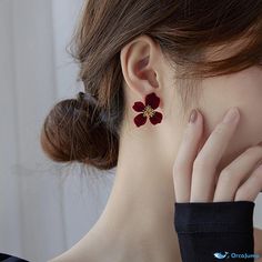 OrcaJump - Exquisite S925 Silver Vintage Velvet Red Earrings with Flocking Formal Red Flower Earrings For Pierced Ears, Red Flower Earrings For Formal Occasions, Rose Red Flower-shaped Earrings, Formal Red Flower-shaped Earrings, Red Flower-shaped Earrings For Party, Red Flower Shape Earrings For Party, Red Floral Earrings For Party, Red Flower-shaped Party Earrings, Red Flower Shaped Party Earrings