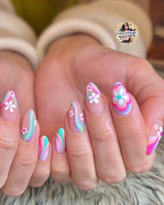 Challenging Nail Designs, 13 Going On 30 Nails, Super Girly Nails, Groovy Summer Nails, M&m Nails, Nails Challenge, Groovy Nail Art, Groovy Nails