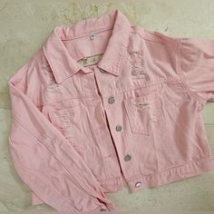 Cinched Cropped Denim Jacket Pink Color With Rhinestone Fringe Distressed Accents Size Small Worn Twice, Like Brand New Casual Pink Cropped Jacket With Pockets, Casual Long Sleeve Outerwear By Amazon, Amazon Casual Long Sleeve Outerwear, Amazon Jackets, Cropped Pink, Pink Denim Jacket, Rhinestone Fringe, Pink Denim, Cropped Denim Jacket