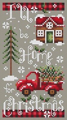 a cross stitch pattern with the words home for christmas and a red truck carrying a tree