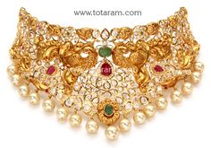 22 Karat Gold "Peacock" Choker Necklace with Cz , Color Stones & South Sea Pearls (Temple Jewellery)
   - 235-GN3031 - in 89.200 Grams for USD $6575.79. 
Made in India by Totaram Jewelers Online this product is in Gold - 22 Karat BIS Hallmark 916 KDM Gold  & is an excellent gift for Adult - Women. Ships fully insured with secured guaranteed delivery for free with your order over $250 from New Jersey USA & comes with 30 days exchange policy. Necklaces Indian, Gold Stone Necklace, Xo Necklace, Stone Choker Necklace, 22 Carat Gold Jewellery, Indian Diamond Jewellery, Italian Gold Jewelry, 22k Gold Necklace, Temple Jewelry Necklace