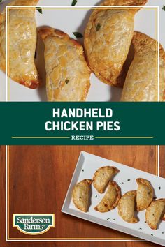 chicken pies on a white plate with the title, hand held chicken pies recipe