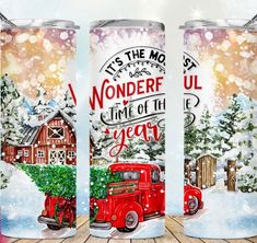 three christmas cans with the words it's the most wonderful time of the year on them