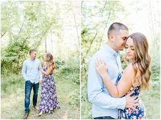 an engaged couple hugging in the woods