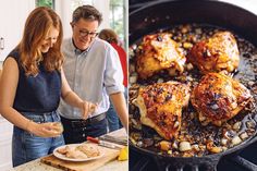 a man and woman cooking chicken in a skillet on the stove next to an image of some food being cooked