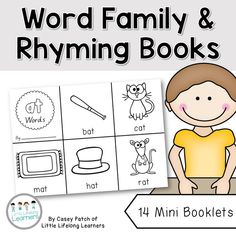 the word family and rhyming books for children with pictures of cats, hats, and