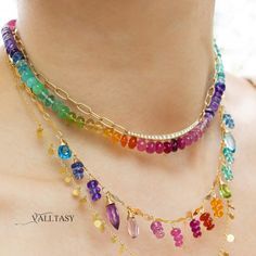 Rainbow gemstone necklace silk knotted with absolutely enchanting precious stones. Bright, repeating rainbow looks like a sparkly dream! Rare combination of exquisite gemstones and AAA finest quality. These gems are clear, very vibrant and silky smooth. Meticulously silk-knotted colorful gemstones that sparkle beautifully in this fantastic gemstone necklace. Each gem is carefully separated with a knot. This rainbow necklace will easily become your bare essence of this summer look :). Elegant Rainbow Necklaces With Gemstone Accents, Rainbow Multi-stone Unique Jewelry, Rainbow Gemstone Beads Necklace, Rainbow Multi-stone Necklace In Fine Jewelry Style, 14k Gold Rainbow Multi-stone Jewelry, Multi Gemstone Necklace, Colorful Gemstones, Knotted Necklace, Rainbow Gemstones