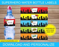 superhero water bottle labels with city skylines on them