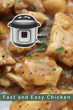 an image of chicken in the slow cooker with text overlay that reads fast and easy chicken