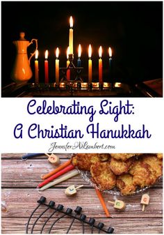 celebrating sight and christian hanukkah with lit candles in the background on a wooden table