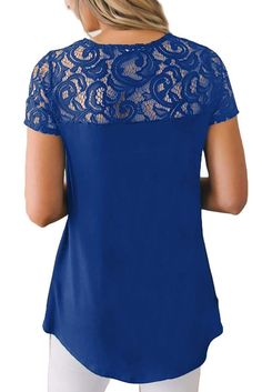 Blue Floral Lace Summer Short Sleeve Blouse Blue Non-stretch Short Sleeve Top, Blue Casual Lace Top, Casual Blue Lace Top, Fitted Blue Lace Top Blouse, Blouse Lace, Elegant Blouses, Lace Short, Fashion Blouse Design, Blouse Online