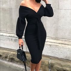 Black Midi Dress Dinner Date Dresses Classy Elegant, Date Dresses Classy, Elegant Long Sleeve Dress For Going Out, Black V-neck Midi Dress For Going Out, Chic Black V-neck Midi Dress, Black Bodycon Dress For Fall, Black V-neck Midi Dress For Date Night, Spring Black Bodycon Dress For Date Night, Elegant Fall Bodycon Dress For Going Out