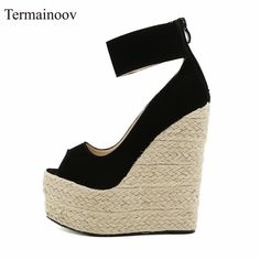 Shipping: Worldwide Express Shipping AvailableDelivery time: 7-15Days Fast ShippingReturns: Fast refund, 100% Money Back Guarantee.Brand Name: TermainoovHeel Height: Super High (8cm-up)With Platforms: YesSandal Type: Ankle-WrapOrigin: Mainland ChinaOccasion: CasualUpper Material: flockOutsole Material: RubberBack Counter Type: Cover HeelPattern Type: SolidSide Vamp Type: CoveredFit: Fits true to size, take your normal sizeStyle: FashionHeel Type: WedgesLining Material: PUClosure Type: Buckle Str High Heel Suede Wedge Sandals For Summer, High Heel Suede Wedge Sandals For Beach, Black Suede Wedge Sandals For Summer, Suede Open Toe Wedge Sandals For Party, Sandals High Heels, High Heel Wedges, Women Sandals, Womens Wedges, Up Shoes