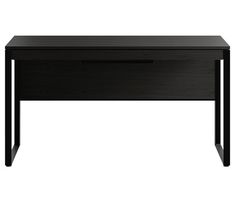 a black desk with two drawers on one side and an open drawer on the other