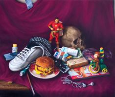 a painting of a skull, hamburger and other items