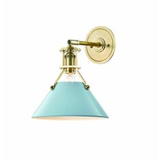 a light fixture with a blue shade on the side and a gold metal wall mount