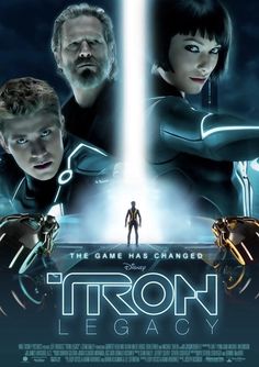 the movie poster for the upcoming film, tron legacy with two men in futuristic