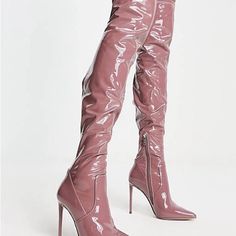 Steve Madden Nwob! Vava Pink Patent Leather Over The Knee Boots Size 9 Patent Leather High Heeled Boots, Patent Leather High Heel Boots, Glamorous Leather Heels For Winter, Glamorous Winter Leather Heels, Fitted Glamorous Leather Boots, Glamorous Fitted Leather Boots, Patent Leather Almond Toe Boots For Night Out, Glamorous Leather Boots With Almond Toe, Glamorous Leather Almond Toe Boots