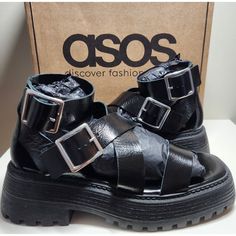 Nib - New In Box Asos Design Footprint Premium Leather Chunky Black Sandals Women's Uk Size 6, Us Size 8 Leather Upper, Two Buckle Straps At Ankle Chunky Lug Sole Msrp $98 Sold Out Online Style Tags: Platform, Chunky, Leather, Comfort, Summer, Casual, Walking, Festival, Music, Concert, Outdoors Black Punk Sandals With Round Toe, Punk Sandals With Buckle Closure And Round Toe, Black Leather Ankle-high Sandals, Casual Fall Platform Sandals, Black Ankle-high Sandals With Buckle Closure, Black Leather Punk Sandals, Black Sandals With Buckle Closure For Fall, Black Buckle Closure Sandals For Fall, Casual Black Ankle-high Sandals