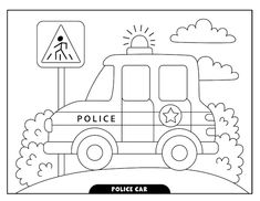 a police car coloring page with the word police on it and an arrow pointing to the left