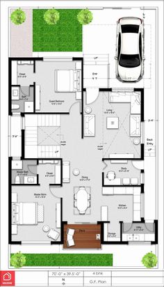 a floor plan for a house with two cars parked in it