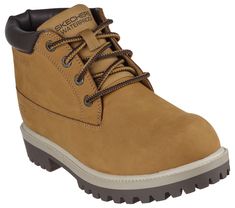 Classic style meets reliable comfort in Skechers Relaxed Fit Sergeants - Thatxter. This lace-up boot features a waterproof leather upper with padded collar, and a cushioned Skechers Memory Foam insole. | Skechers Men's Relaxed Fit: Sergeants - Thaxter Boots | Medium Width | Skechers Memory Foam cushioned comfort insole | Seam-sealed waterproof design | Lace-up leather upper with padded collar | Classic round toe boot design | 5 1/2-inch shaft | 1-inch heel height | Skechers Outdoor Ankle Work Boots With Laces, Laced Ankle Work Boots For Outdoor, Outdoor Work Boots Lace-up, Slip-resistant Lace-up Boots For Outdoor, Winter Outdoor Chukka Boots With Reinforced Toe, Winter Chukka Boots With Reinforced Toe For Outdoor, Waterproof Lace-up Work Boots, Slip-resistant Lace-up Hiking Boots, Winter Lace-up Chukka Boots For Outdoor