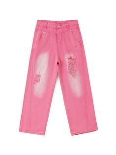 Pink Faded Denim Distressed Ripped Jeans Summer Distressed Pink Jeans, Pink Distressed Summer Jeans, Faded Distressed Jeans For Spring, Pink Distressed Jeans For Summer, Summer Pink Distressed Jeans, Trendy Faded Pants With Frayed Hem, Trendy Acid Wash Jeans For Spring, Pink Distressed Cotton Jeans, Faded Distressed Pants For Spring