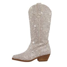 PRICES MAY VARY. ♥ Wide calf cowboy boots with 2 inch/5 cm low chunky block heel, comfortable and stunning for daily dressy and special outfits for photoshoot or musical festivals. ♥ Comfortable rhinestone cowboy boots in distressed vintage western style, shinny rhinestone and glitters add sparkle to your chic look. ♥ Chic mid calf rhinestone cowgirl boots made of soft stretchy metallic leather, bringing you long-time comfort no matter you are with wide feet, thick ankles or thin legs. ♥ Cute rh White Sparkle Cowgirl Boots, Rhinestone Cowboy Boots Outfit, Boots And Bling Party Outfit, Rhinestone Cowgirl Outfits, Rhinestone Cowgirl Boots, Rhinestone Cowboy Boots, Boots Wide Calf, Special Outfits, Cowboy Boots For Women