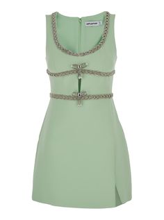 Mini Mint Green Dress With Bows And Crystals In Fabric Woman from self-portrait Mint Green Dress, Self Portrait Dress, Chic Party, Invisible Zip, Luxury Dress, Embellished Dress, Contemporary Fashion, Dress With Bow, Fashion Labels