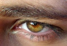 the eye of a man with brown hair and yellow eyeshade, looking straight ahead