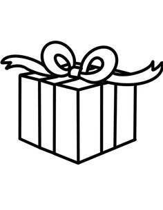 a black and white drawing of a gift box with a ribbon on it's top