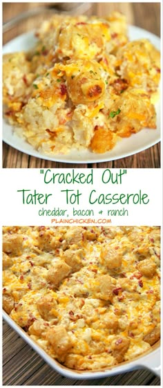 two pictures of baked tater tot casserole