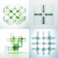 four different colored glass designs on white and green background, each with an abstract design