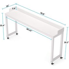 a white bench with wheels and measurements for it