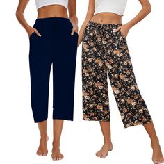 PRICES MAY VARY. Capri pajama pants for women are made of cotton polyester blend fabric, lightweight, breathable, stretchy, super soft against the skin and comfy enough for every day wearing Women's cotton lounge pants feature elastic waistband with drawstring, wide leg cut and loose fit, cropped length pants with two side pockets, soft and comfy touching, move freely all the day 2 pack capri sleep pants, soft and stretchy, comfortable and casual for sleepwear, perfect for everyday essentials, e Comfortable Summer Pants For Pajama Party, Casual Summer Sleepwear Trousers, Casual Sweatpants For Pajama Party In Spring, Casual Spring Sweatpants For Pajama Party, Ankle-length Yoga Pants For Summer Loungewear, Summer Ankle-length Yoga Pants For Loungewear, Casual Sleepwear Trousers With Elastic Waistband, Summer Relaxation Sweatpants With Elastic Waistband, Summer Yoga Trousers For Loungewear