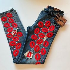 Jill Koo- Lips, Red Embroidered Denim Jeans, 28, Skinny 30” Inseam 14” Waist 9” Rise One Of A Kind, Artsy Embellished/Embroidered Skinny Jeans. Studs, Jewels, Valentine, Lips, Smooch, Kiss Embellished Fitted Dark Wash Jeans, Embroidered Dark Wash Jeans For Fall, Embroidered Mid-rise Fitted Jeans, Mid-rise Embroidered Fitted Jeans, Fitted Mid-rise Embroidered Jeans, Fall Season Embroidered Dark Wash Jeans, Embroidered Fitted Casual Jeans, Fitted Embroidered Dark Wash Jeans, Trendy Embroidered Mid-rise Jeans