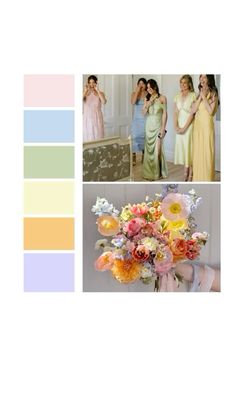 the color scheme for this wedding is peach, yellow and green with flowers in it