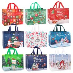 six christmas shopping bags with santa and snowmen on them, all in different colors