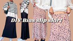 three models in skirts and sweaters with the words diy blas shop skirt