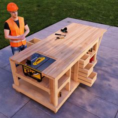 a man in an orange safety vest standing next to a table with tools on it