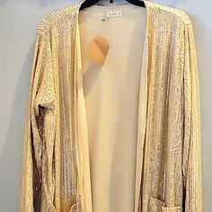 Gold Sequin Full Length Pockets Gold Long Sleeve Outerwear For Spring, Chic Gold Long Sleeve Outerwear, Gold Cardigan For Spring Party, Gold Cardigan For Party In Spring, Chic Gold Outerwear For Spring, Gold Long Sleeve Cardigan For Spring, Long Sleeve Gold Cardigan For Spring, Druid Outfit, Coral Blazer