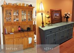 before and after pictures of a dining room hutch