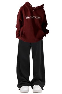 OOTD: Solid Color Hoodie + Baggy Sweatpants Baggy Letter Print Sweatpants For Fall, Baggy Sweatpants With Letter Print For Fall, Red Relaxed Fit Hoodie With Letter Print, Fall Outfits College, School Outfits Fall, Outfits Highschool, Outfits College, Clothing Board, Fall College Outfits