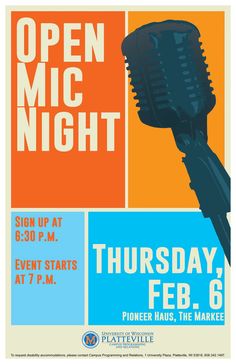 an open mic night poster with a microphone on the front and back of it in blue, orange, and yellow colors